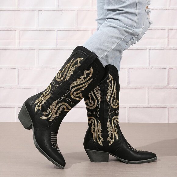 Women's Black Pointed Toe Chunky Block Heel Cowgirl Mid Calf Western Booties - Picture 4 of 5